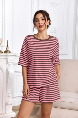 Image of Ythomm Striped Pajamas Shorts Sets Women 2 Piece Lounge Outfits Short Sleeve Tees Drawstring Shorts Summer Matching Pj Sets
