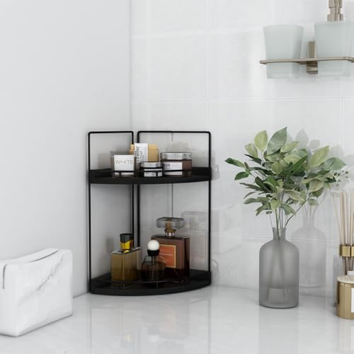 Image of Dorhors 2-Tier Bathroom Counter Organizer,Vanity Counter Corner Shelf, Skincare, Wood Countertop Bathroom Storage and Organization for Kitchen (Black)