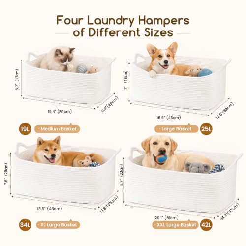 Image of OIASKET Large Empty Cotton Rope Gift Basket with Handles, 18.9 inchx13.8 inchx7.8 inch Decorative Woven Storage Basket with Gift Bag and Ribbon Set for Baby Shower, Toy Organizer for Kids, Dogs & Cats - White