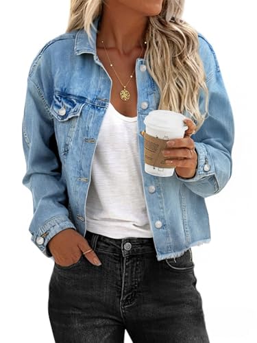 Women's Distressed Denim Jacket Lightweight Cropped Jean Jacket with Raw Hem Perfect Over Dresses & Tanks