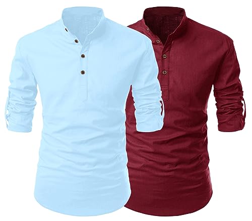 Image of FINIVO FASHION Combo of Men's Cotton Blend Solid Regular Fit Full Sleeve Straight Short Kurta Shirt, Casual and Formal Wear