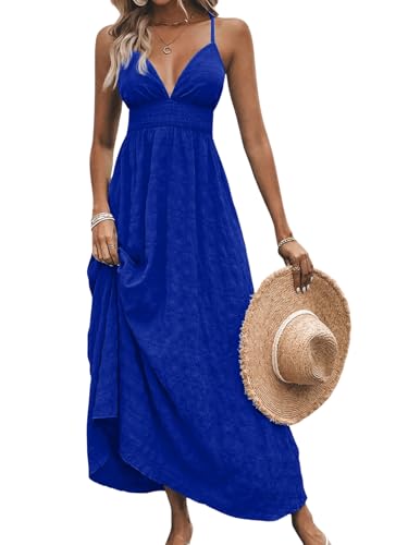Image of Milumia Women's Summer V Neck Backless Maxi Dress Boho Spaghetti Strap A Line Flowy Beach Long Sundress