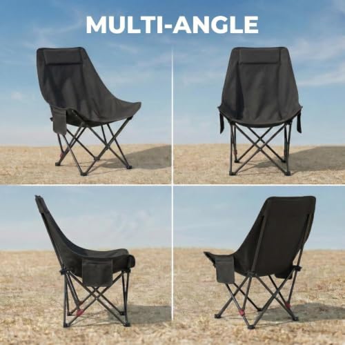 Image of Foldable Camping Moon Chair with High Back - Lightweight Portable Outdoor Folding Chair with Carry Bag & Side Pocket - Heavy Duty X-Frame for Balcony, Garden, Hiking & Travel (Black) (Black)
