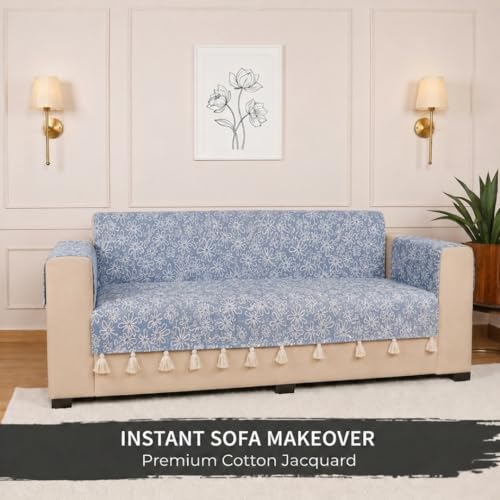 Image of STITCHNEST 'Verdant Phool Stories' 1 Seater Sofa Cover | Full Coverage with Armrest Pockets | Elegant Jacquard Fabric, Decorative Tassels, Washable & Durable for Modern Living