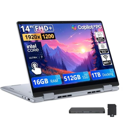 Image of Dell Plus 14 inch 2-in-1 FHD+ Touchscreen Laptop, Intel Ultra 7 256V, 16GB RAM, 1.5TB Storage (512GB SSD+1TB Docking Station Set), Copilot, Backlit Keyboard, Fingerprint Reader, Wi-Fi 7, Win 11, Ice Blue