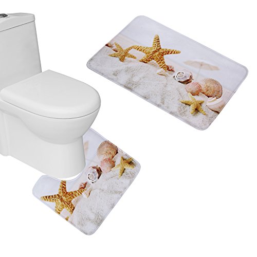 Amagical 15 Pieces Seashells Starfish Design Shower Curtain Set Bathroom Mats Set Non Slip Rug Carpet Shower Curtain And 12 Hooks #TOP1