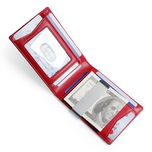 Image of Slim Bifold Wallet for man with Money Clip - RFID Blocking, Multiple Credit Card Pockets - Sleek and Versatile Design - Genuine Leather - Ideal for Cash and Cards (Carbon Fiber Black - Red)