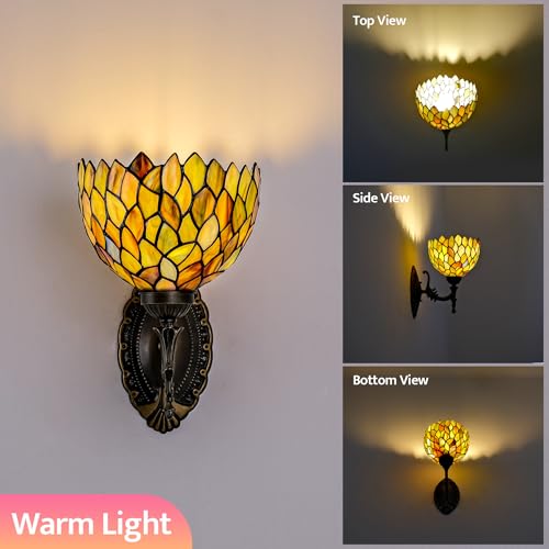 Image of Tiffany Wall Sconce Hand-Weld Stained Glass Bedside Lamp with Classic 8 Inches Wisteria Green Lampshade for Bedroom Hallway Living Room Home Office