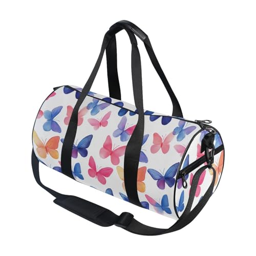 Color Butterfly Sports Duffel Bag Large Capacity Barrel Gym Bag with Full Print Polyester Fabric, Multiple Pockets and Detachable Strap for Sports Gym and Weekend Getaways