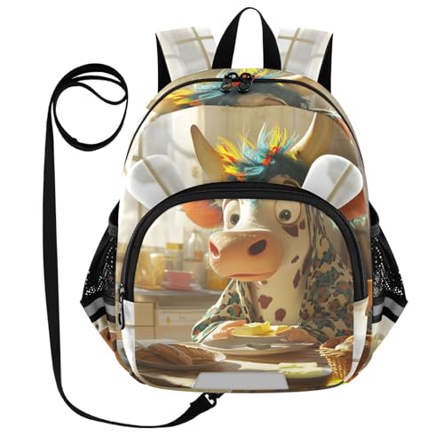 Cartoon Cow Breakfast Toddler Harness Backpack for Boys Girls 3-6 Years Kids Backpack with Anti Lost Safety Leash Baby Travel Bag for Travel Walking Preschool