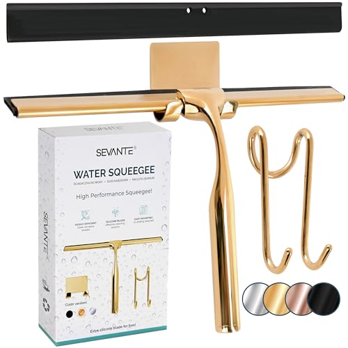 SEVANTE Limpiacristales de ducha de 24,5 cm, metal para ventanas, accesorios de baño, extractor con soporte, para ducha y espejo, color dorado