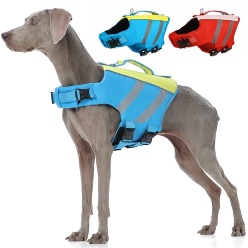 Kuoser Dog Life Jacket, High Flotation Dog Life Vest for Swimming & Boating, Adjustable Dogs Swim Vest with Rescue Handle, XS-XXL Reflective High Visibility Lifejacket for Small Medium Large