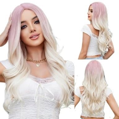Donne Parrucca, Centro Donna, Frangetta, Meches, Capelli Lunghi Ricci, Seta Regolabile ad Alta Temperatura Festa(Pink)