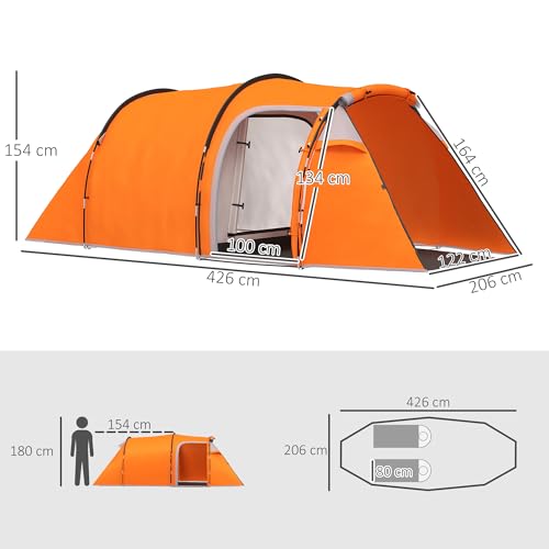 Outsunny 2-3 Person Tunnel Tent with Sewn-in Groundsheet, Air Vents, Rainfly, 2000mm Water Column, Camping Tent with 1 Bedroom, Inbuilt Porch, Living Area for Camping, Hiking, Orange - 7