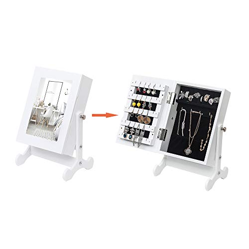 Helloland Mirrored Make Up Jewelry Cabinet Organizer Mini Table Tilting Jewelry Armoire Storage Box Organizer Countertop With Stand, 8.7" X 5.7" X 11.8" (White) #TOP7