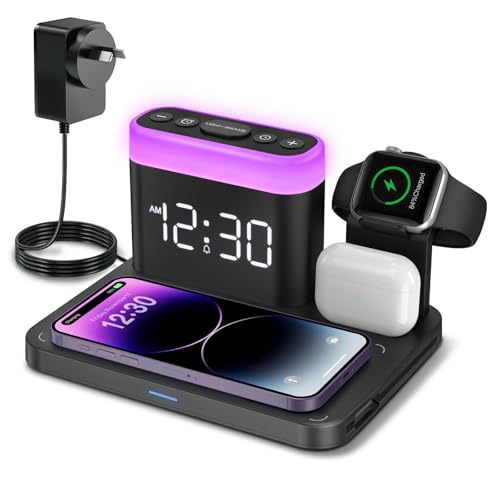 Wireless Charging Station,5 in 1 Multiple Charger Stand with Alarm Clock,7 Night Light,Mag-Safe Charging Dock for iPhone 17 16 15 14 13 12 Pro Max Plus Air,Apple Watch 11/10/9/8,for Airpods,Bedroom