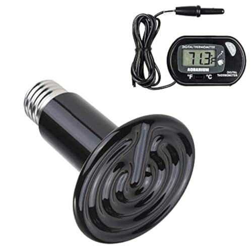 POFET Reptile Heat Lamp 200W avec Un thermomètre numérique, Chauffage en céramique Infrarouge Lampes Non Lumineuses émetteur 220-230V (Noir)