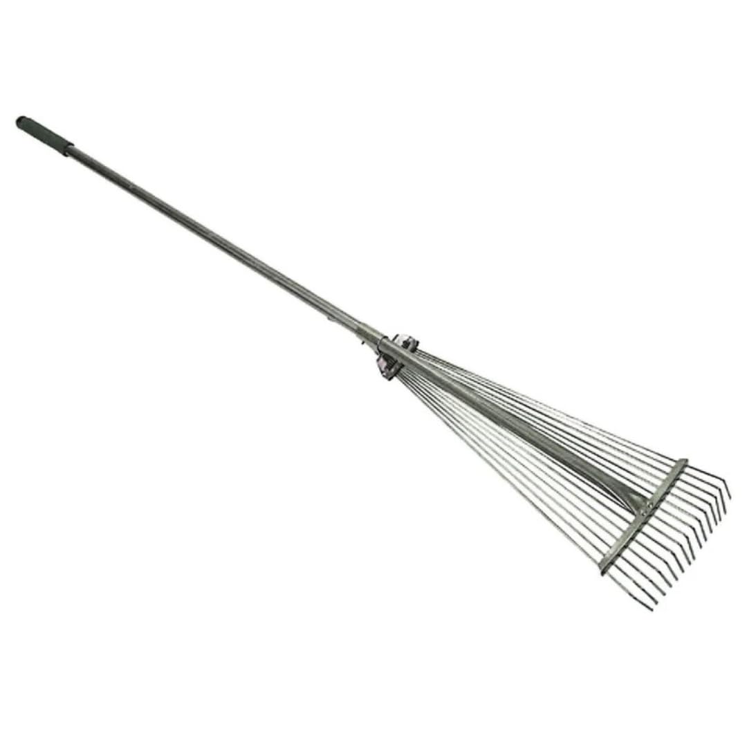 Scopa/Rastrello per Foglie Regolabile – 15 Denti in Acciaio Zincato, Manico Telescopico 126–160 cm con Impugnatura Antiscivolo – Ideale per Giardino