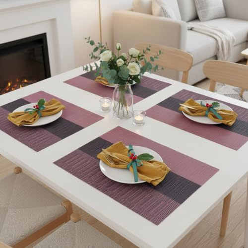 Image of YELONA Dining Table Placemats Set of 4 - Heat-Resistant, Non-Slip, Washable & Stain Resistant Woven PVC Vinyl Table Mats for Kitchen & Dining - 45 x 30 cm, Peach