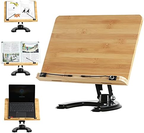 Bamboo Book Stand, Cookbook Holders for Reading Hands Free, Height and Angle Adjustable , Laptop and Tablet Stands for Desk, Recipe Cook Book Holder for Kitchen Cooking, Size 13.4" x 9.5"（Large）