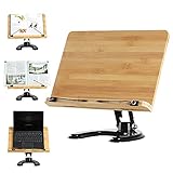 Bamboo Book Stand, Cookbook Holders for Reading Hands Free, Height and Angle Adjustable , Laptop and