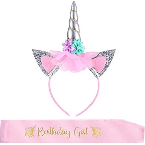 BOSSTER Einhorn Haarband Silber Einhorn Stirnband Blumen Horn Haarreif mitBirthday Girl Schärpe Cover