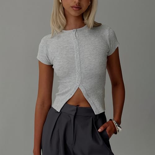 Womens Slim Fitted Shirts Short Sleeve Cardigan Button Down Blouses Y2k Ribbed Tops2