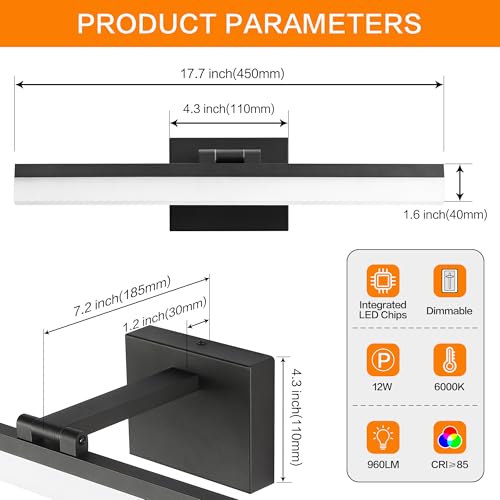 Image of SOLFART 18 Inch Vanity Lights for Bath Dimmable Bathroom Lights Over Mirror Black Bathroom Light Fixtures Wall Light Fixtures Indoor Modern Light Fixture