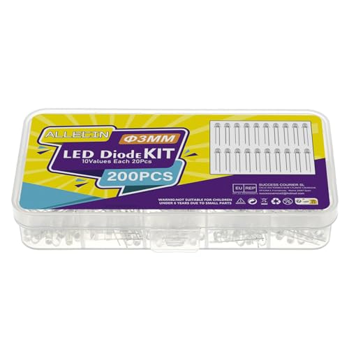ALLECIN 200Pcs 3Mm Led Diodo Luz Sortido Kit 10 Cores Branco Vermelho Verde Azul Amarelo Branco Quen
