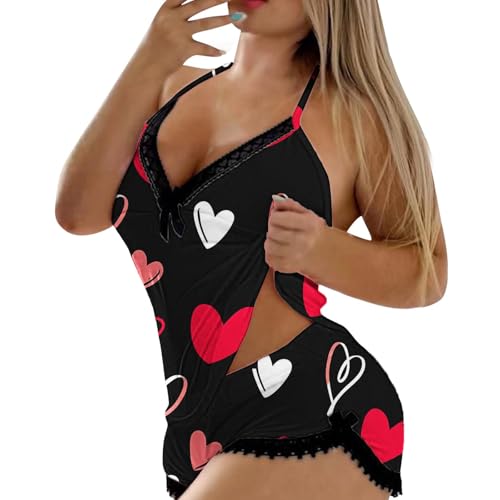 Generisch Conjunto de pijama de 2 piezas de seda de leche y doble lana con cuello en V para San Valentín, Negro , XXL