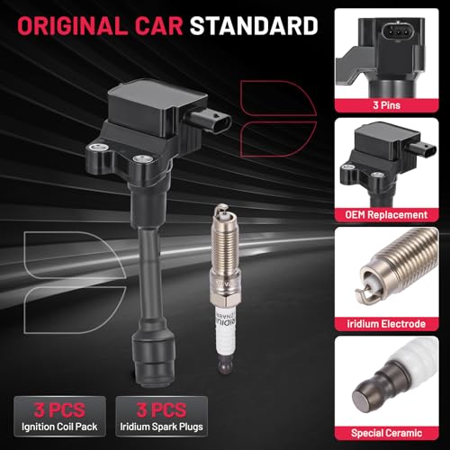 Image of BDFHYK 3 Ignition Coil Pack UF736 and 3 Iridium Spark Plug 93593 Compatible with Ford 2018-2020 EcoSport, 2014-2017 Fiesta, 2015-2018 Focus 1.0L l3 Coil for CM5G12A366CB CM5G12A366CA