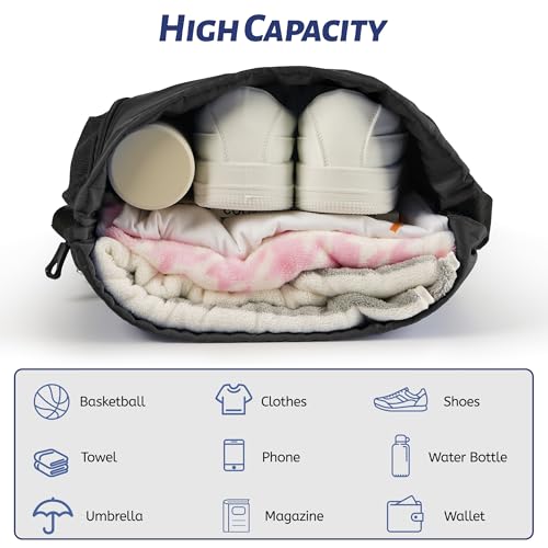 Mochila playa para hombres y mujeres, mochila cuerdas, con compartimento para zapatos, bolsillo principal y bolsillo interno, mochila deportiva para baloncesto, fútbol y deportes (Negro) - imagen 4