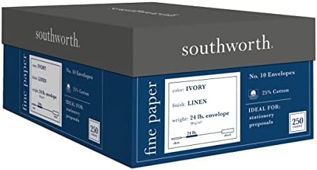 Southworth 25% Cotton Business #10 Envelopes, 4.125” x 9.5”, 24 lb/90 GSM, Linen Finish, Ivory, 250 Envelopes