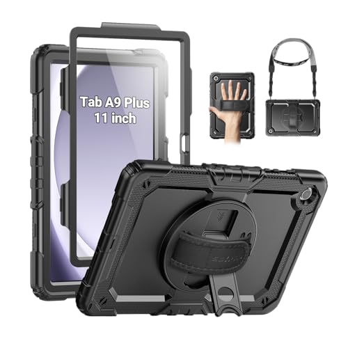 SEYMAC Case for Samsung Galaxy Tab A9+/ A9 Plus Case 11' 2023 (SM-X210/X216/X218), Heavy Duty Shockproof Protective Case with Screen Protector, Rotating Stand and Hand/Shoulder Strap, Black