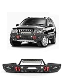 SCITOO Front Bumper Fit For 1999-2004 for Jeep Grand Cherokee Heavy Duty Steel Bumper Winch Plate With D-Ring and LED Lights Texture Black