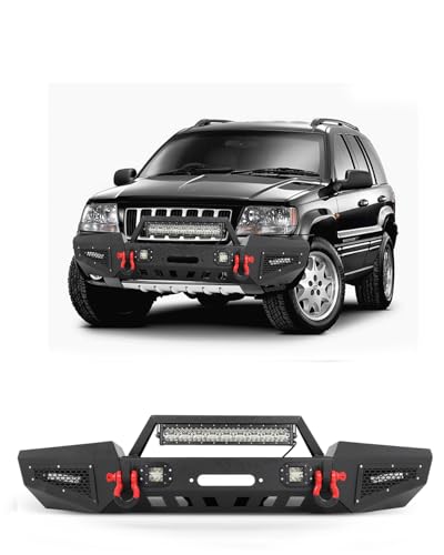 SCITOO Front Bumper Fit For 1999-2004 for Jeep Grand Cherokee Heavy Duty Steel Bumper Winch Plate With D-Ring and LED Lights Texture Black