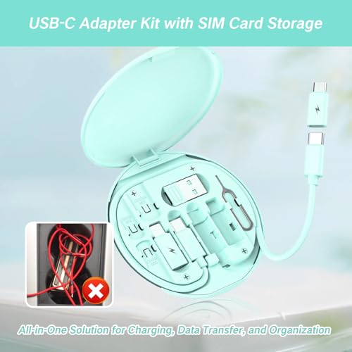 YAFIYGI 9 in 1 Cable Case USB Adapter Cable Conversion Storage Box USB Type C to Micro USB/Lightning/USB A Cable Data Transfer Tool Contains Sim Card Slot Tray Eject Pin Use as Phone Holder (Green) - Thumbnail 5