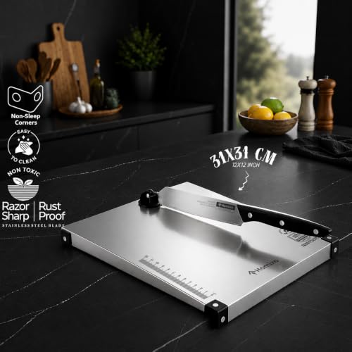 Image of HOMIXO Prima Cut & Chop Stainless Steel Chopping Board with Knife | Food Grade Steel Cutting Board | Heavy Duty Kitchen Cut and Chop Board with Rotary Knife Lock | Rust Proof Chopping Board