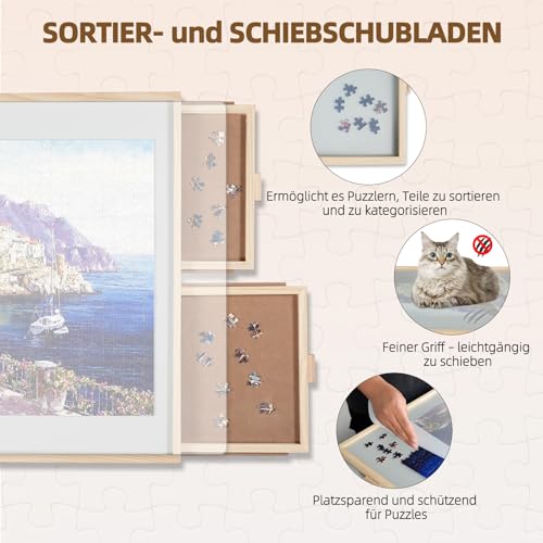 1500 Teile 2-in-1 Neigbares & Drehbares Puzzle-Brett für Erwachsene, Holz-Puzzleschreibtisch mit 4 Schubladen 64 x 87 cm, Tragbares Brett mit Lazy Susan und Abdeckung