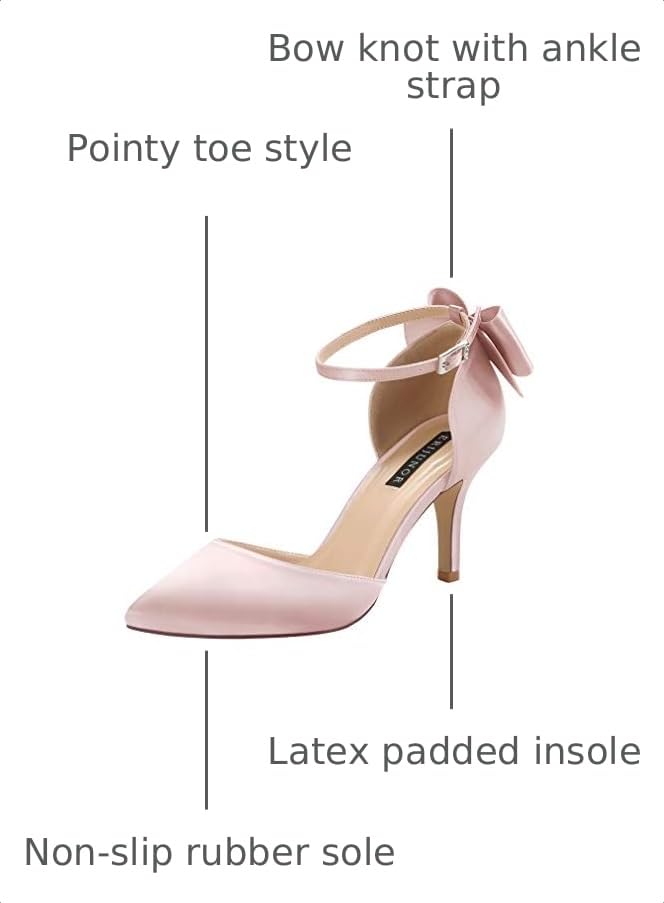 Image of ERIJUNOR Wedding Evening Party Shoes Comfortable Mid Heels Pumps with Bow Knot Ankle Strap Wide Width Satin Shoes