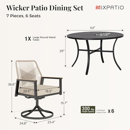 Image of MIXPATIO 7 Pieces Outdoor Patio Dining Set, Wicker Patio Table and Chairs Set of 6, Swivel Wicker Chairs with 3.2 inch Cushion and 54 inch Round Table for Yard, Porch, Beige