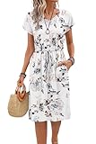 PLOKNRD Damen Sommerkleid Kurzarm Kordelzug Hohe Taille Knielang Kleider Elegant Luftig Strandkleid Midikleid mit Taschen(Weiße Blumen,M)