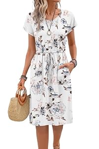 PLOKNRD Damen Sommerkleid Kurzarm Midi Kordelzug mit Taschen, Weiße FL, M