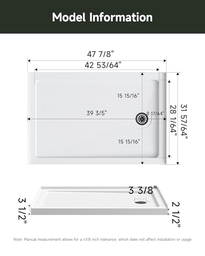 Image of HOROW Shower Base 48 inch x 32 inch, Right Drain Single Threshold Shower Base in White with Efficient Drainage, Non-Slip, Stainless Steel Cover, Small Rectangle Acrylic Shower Pan for Bathroom