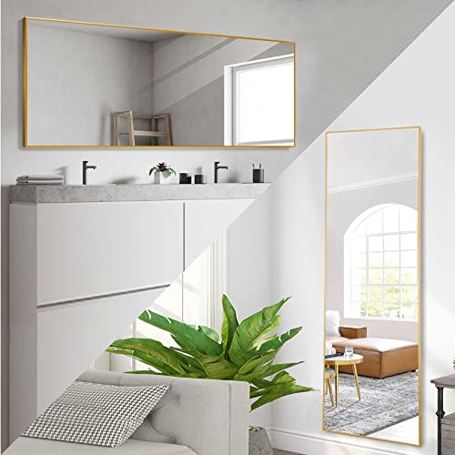 Neutype 64" X 21" Full Length Mirror, Aluminum Alloy Frame Floor Mirror With Stand, Large Bedroom Mirror, Free Standing Or Wall Mounted Or Leaning Against Wall, Gold #TOP1