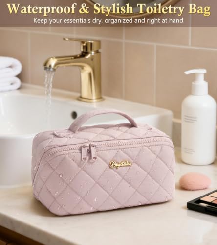 Image of Travel Makeup Bag, Large Capacity Puffy Toiletry & Cosmetic Bag for Women | 3 PCS Open Flat Quilted Makeup Cosmetic Organizer, Waterproof w /Clear Divider Portable Pouch for Skincare Travel Essentials