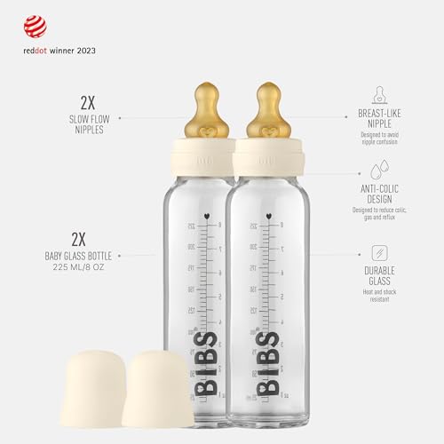 Image of BIBS Glass Baby Bottle Complete Set, 225 ml, 2-Pack, Latex, Ivory