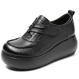 [imaysky] カジュアルシューズ レディース 厚底 軽量 幅広 本革 マジックテープ ローファー プラットフォーム ウェッジソール フラットシューズ ウォーキングシューズ(23.0cm,ブラック)