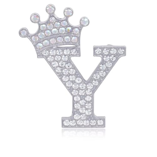 Image of Initial Letter Brooch Pins with Crown for Women Girls Men Boys Personalized Name Brooches Crafts Colorful Rhinestone Brooch Pins Silver A-Z