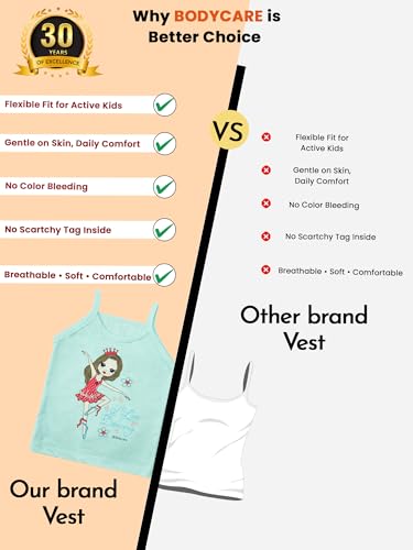 Image of BODYCARE Kids Girl's Printed Assorted Dori Regular Fit Vest 100% Cotton Vest | Skin Friendly | Lightweight | Sleeveless Design | Multicolor | Pack of 6 (Color & Print May Vary)
